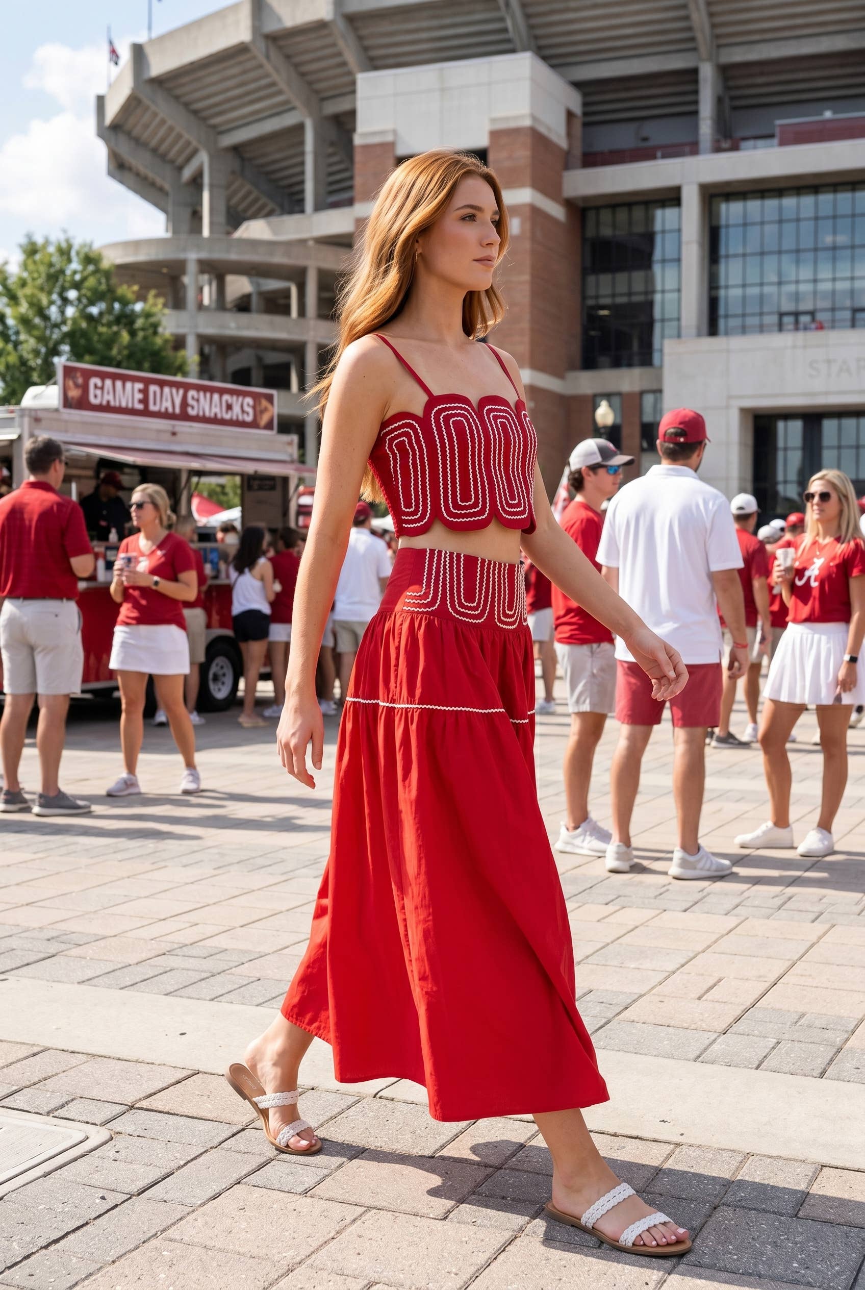 Exclusive Lace Trimmed Top & Skirt Set: CRIMSON/WHITE / M