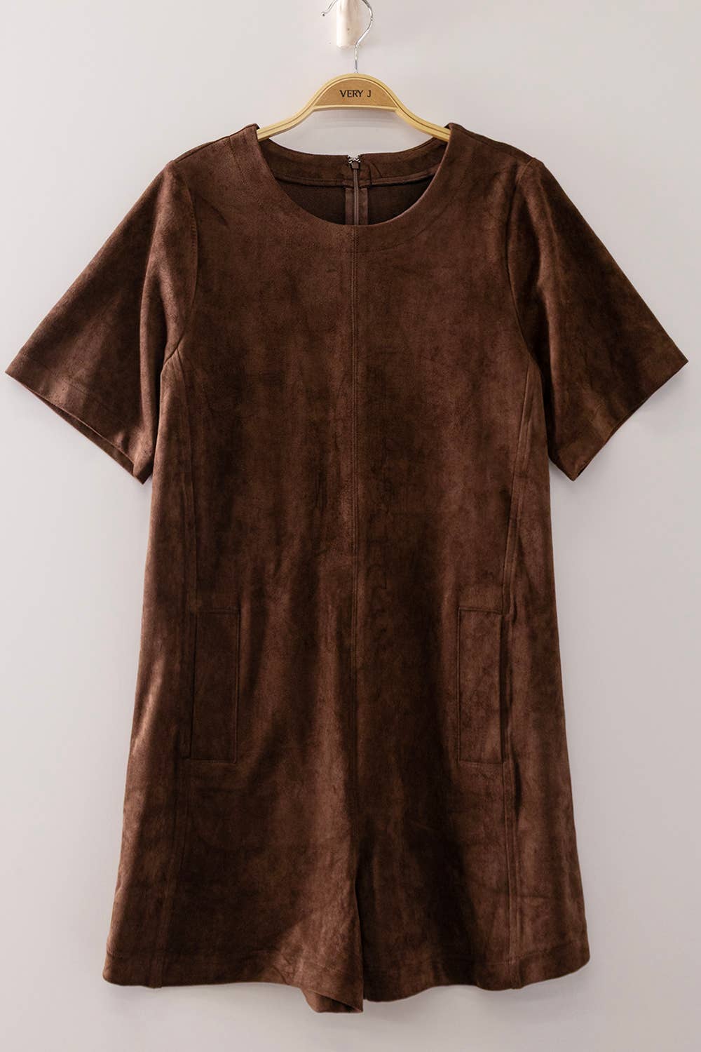 NP71107-Suede Short Sleeve Romper: CAMEL / S-M-L/2-2-2