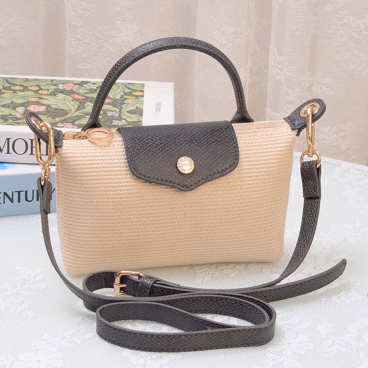 SC781 Lacey Straw Look Woven Fabric Mini Crossbody Bag: Charcoal