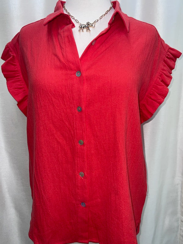 Button Ruffle Red Top