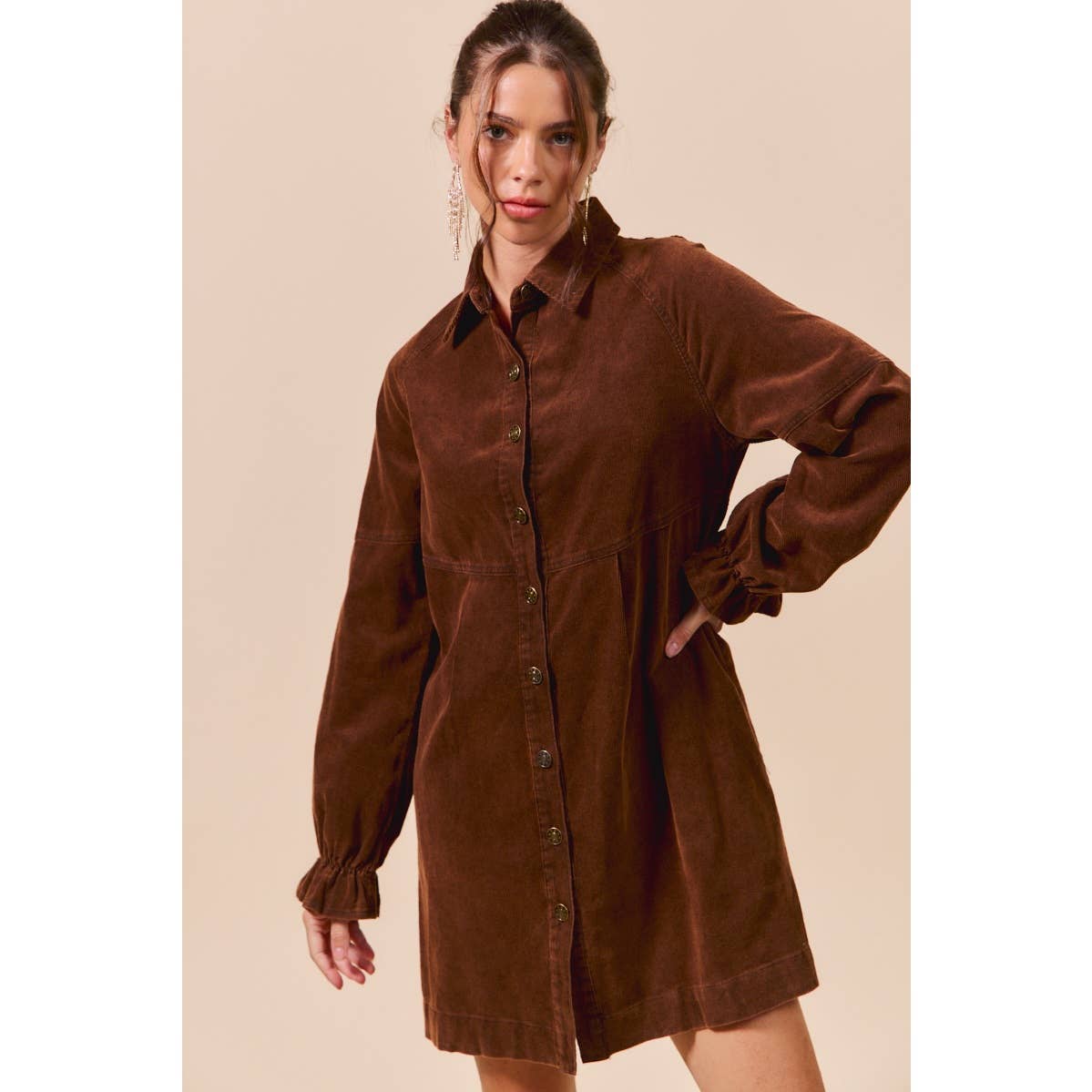 WASHED CORDUROY BUTTON DOWN SHIRT MINI DRESS: BROWN / XL