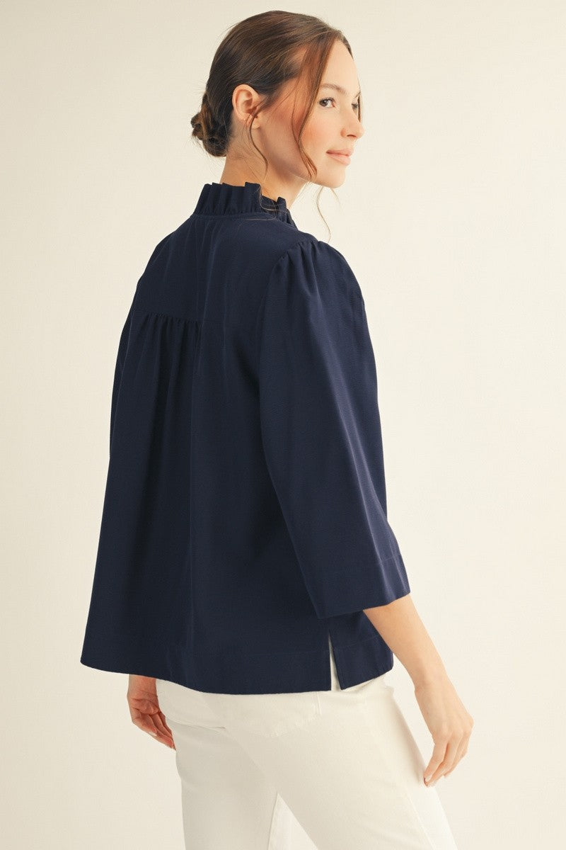 V NECK TOP WITH RUFFLE SLEEVES