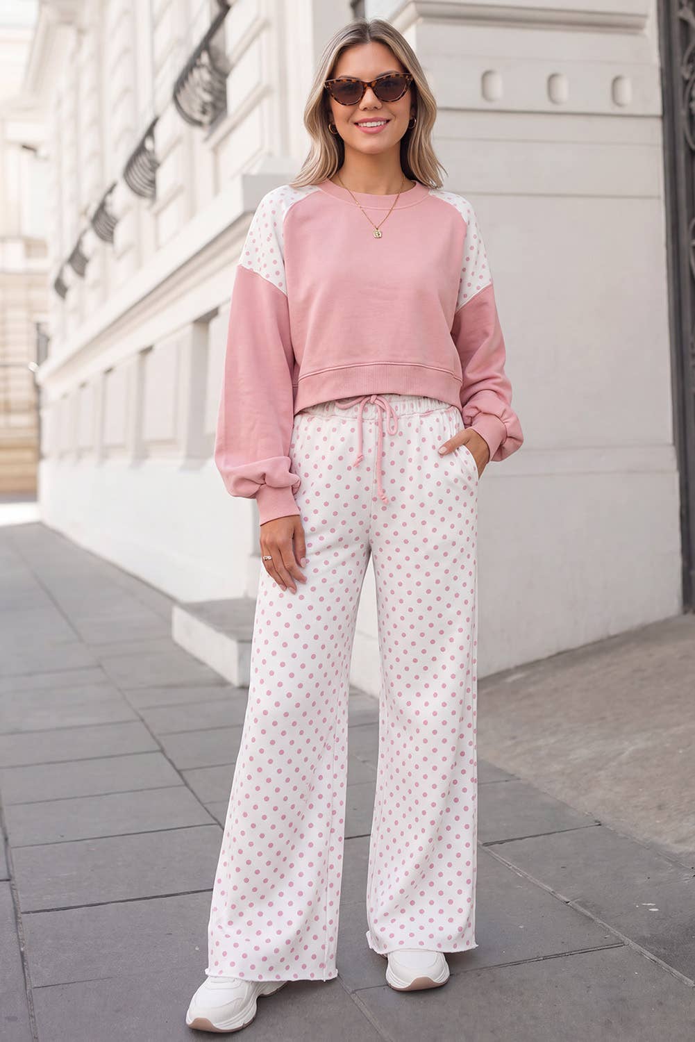 Polka Dot Print Patchwork Top 2pcs Pants Set  | S-4X: Khaki / 4X