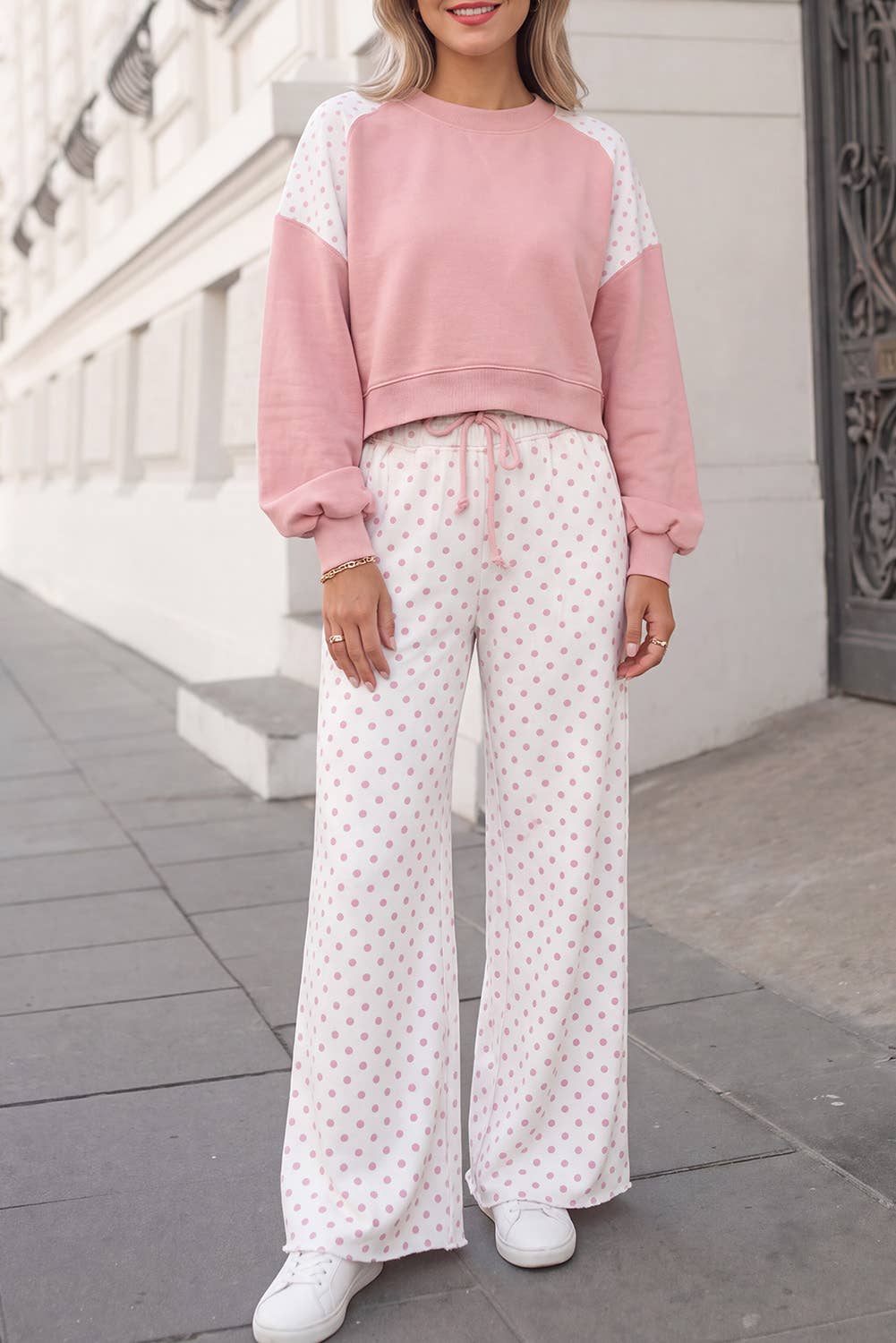 Polka Dot Print Patchwork Top 2pcs Pants Set  | S-4X: Khaki / 1X