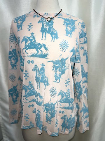Ivory & Light Blue Western Mesh Top