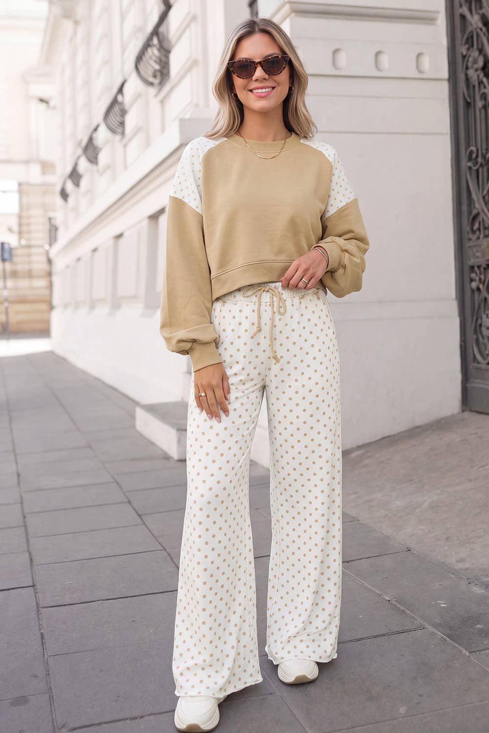 Polka Dot Print Patchwork Top 2pcs Pants Set  | S-4X: Khaki / 3X