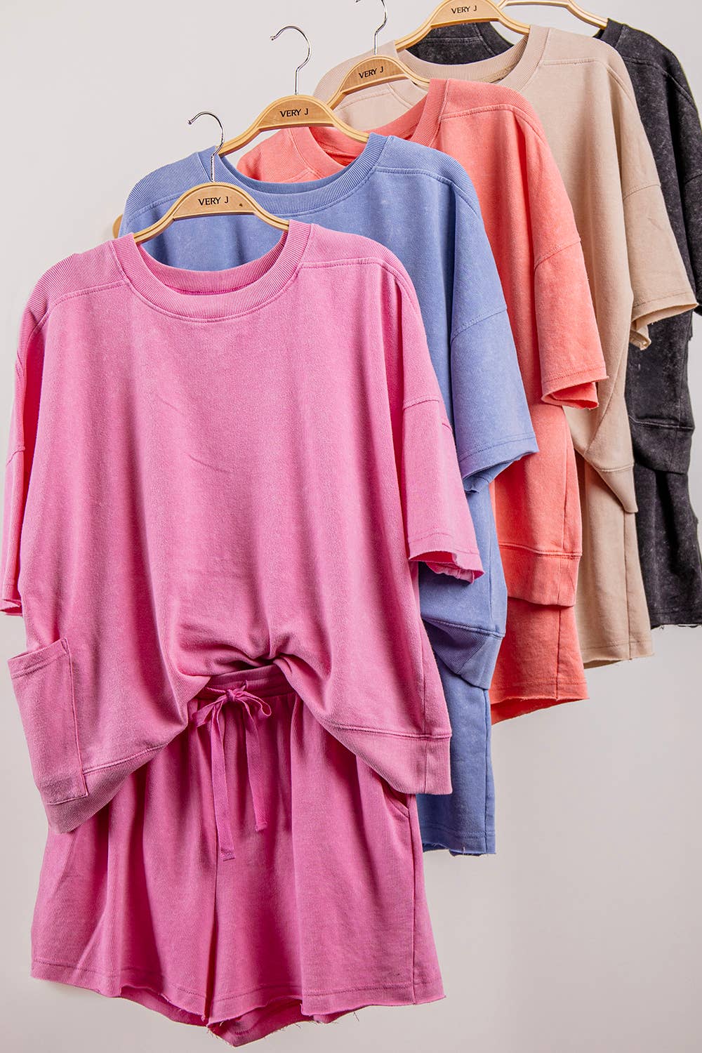 NT12429SET-Mineral Washed Knit Casual Top & Shorts: BEIGE / S-M-L/2-2-2