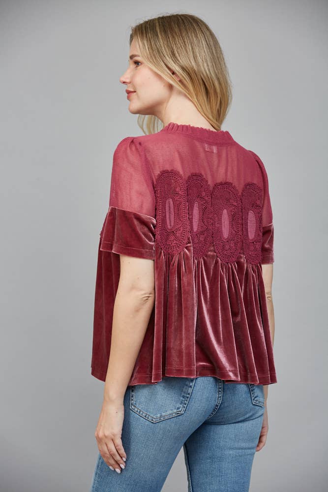 LACE DETAIL VELVET BABYDOLL TOP FT25474 : TEAL GREEN / S
