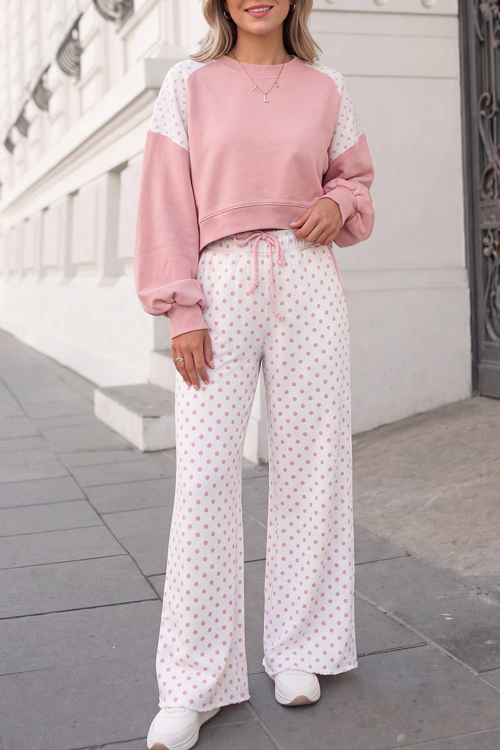 Polka Dot Print Patchwork Top 2pcs Pants Set  | S-4X: Khaki / M