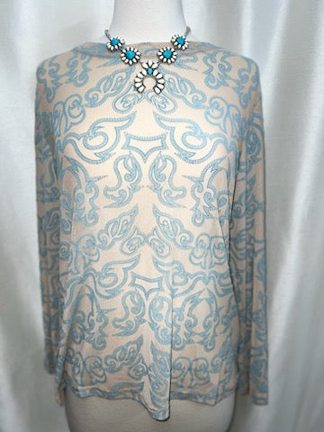Camel & Light Blue Bootstitch Mesh Top