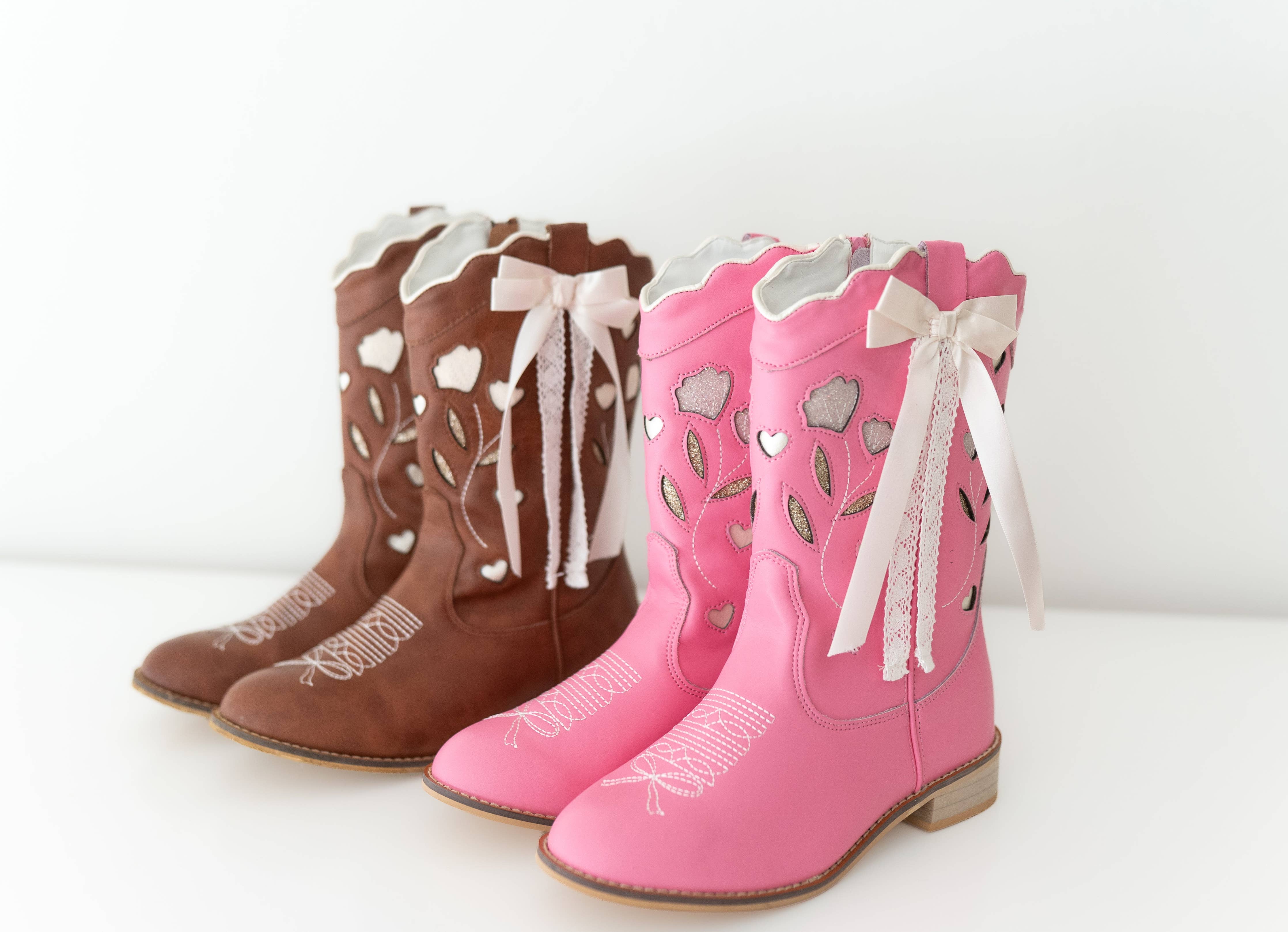 Sweetheart Bow Cowgirl Boots- Brown: 3Y big kid