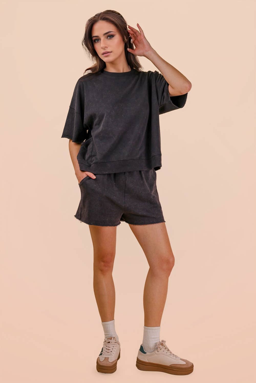 NT12429SET-Mineral Washed Knit Casual Top & Shorts: BEIGE / S-M-L/2-2-2