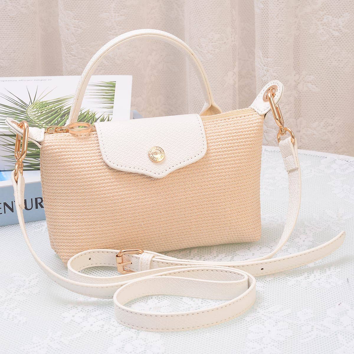 SC781 Lacey Straw Look Woven Fabric Mini Crossbody Bag: Charcoal