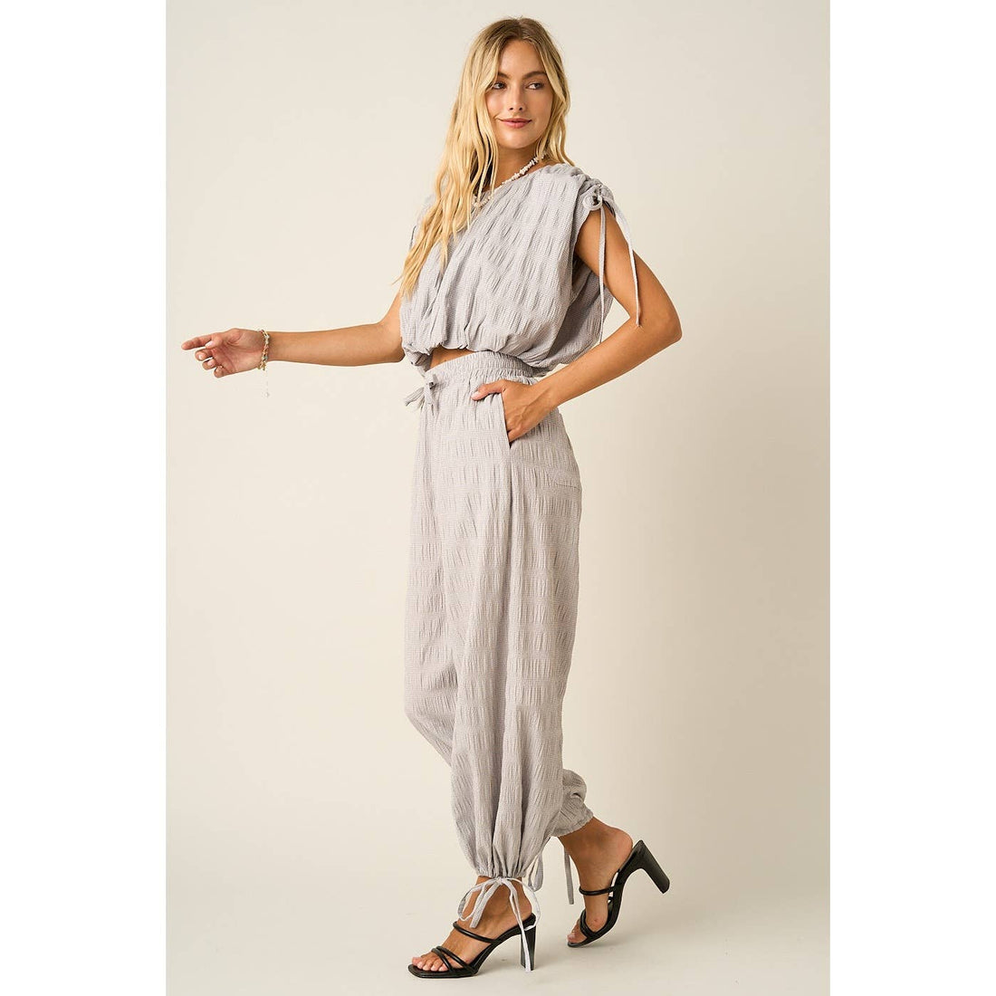 TEXTURED DRAWSTRING HEM BARREL PANTS: LT.GREY / S-M-L(2-2-2)