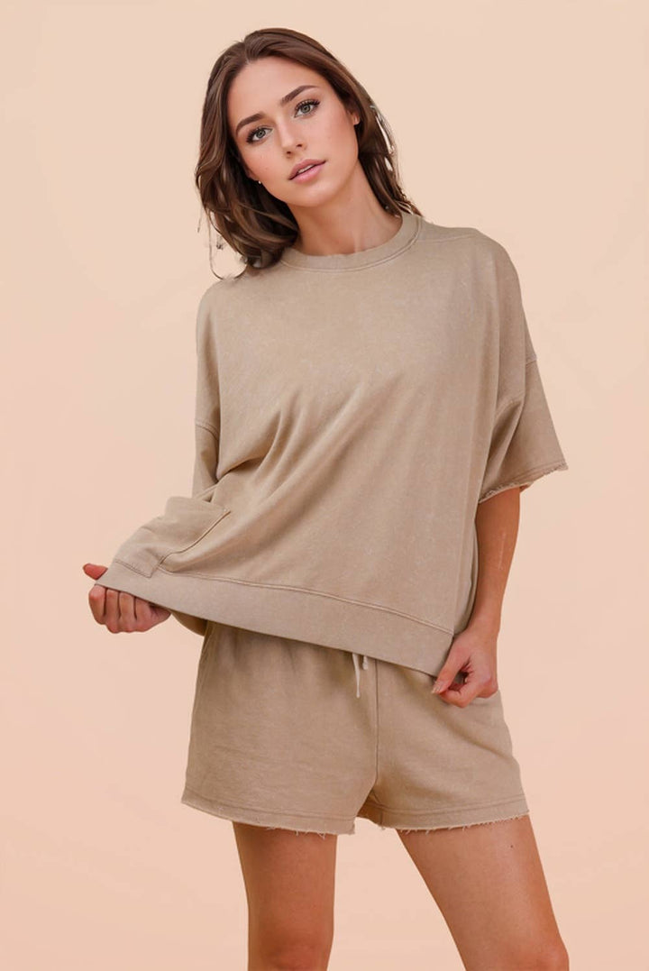 NT12429SET-Mineral Washed Knit Casual Top & Shorts: BEIGE / S-M-L/2-2-2