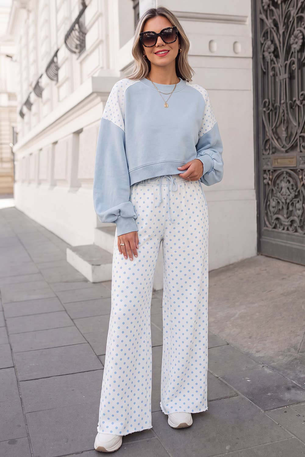 Polka Dot Print Patchwork Top 2pcs Pants Set  | S-4X: Khaki / S
