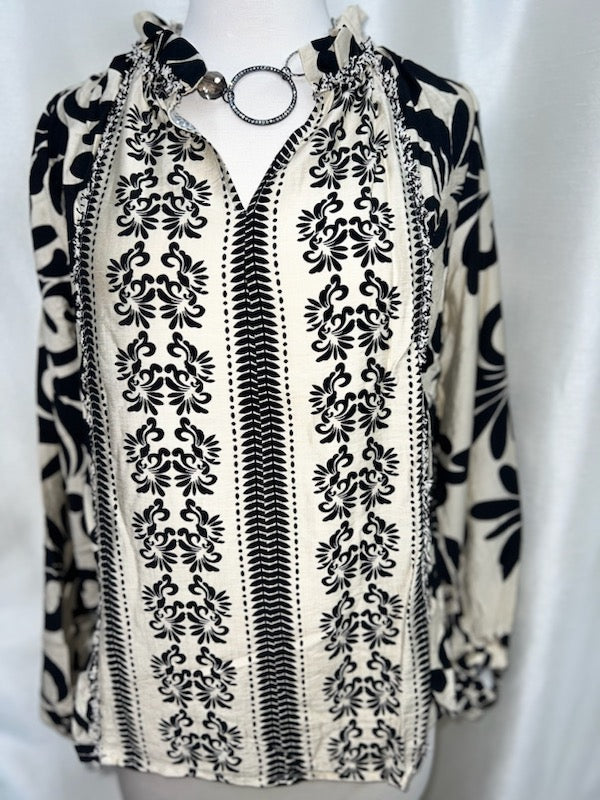 Printed Long Sleeve Ruffle Blouse