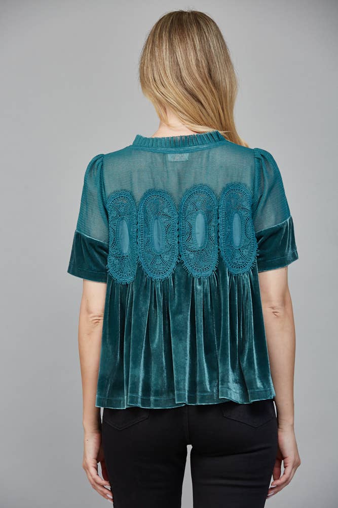 LACE DETAIL VELVET BABYDOLL TOP FT25474 : TEAL GREEN / M