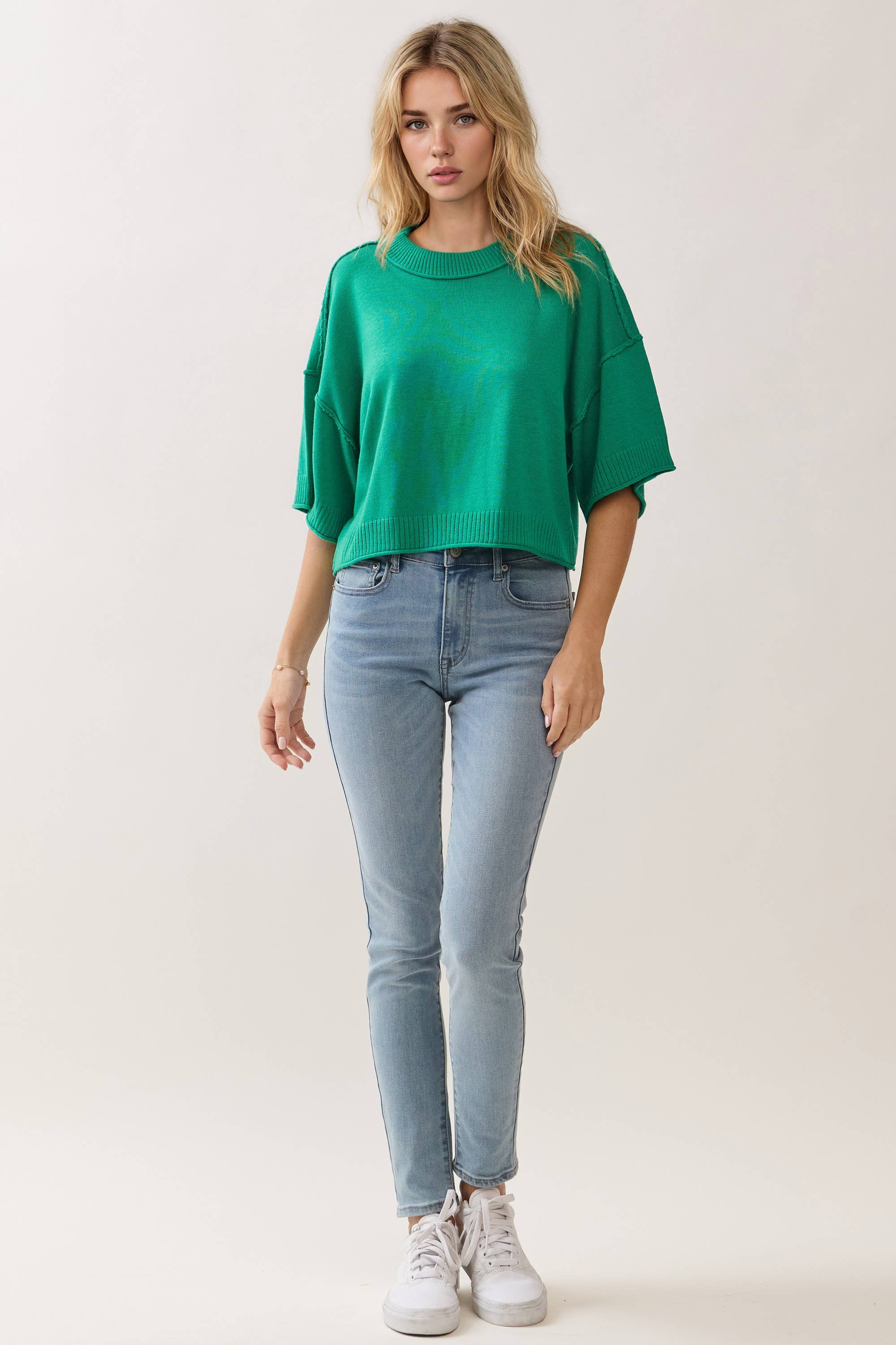 CW2649-Relaxed Fit Round Neck Short Sleeve Knit Top: CREAM / M