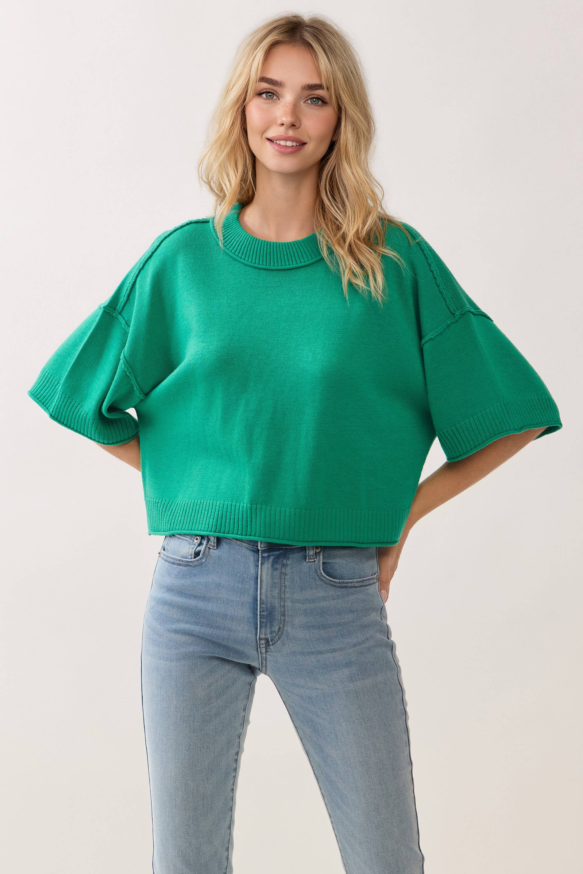 CW2649-Relaxed Fit Round Neck Short Sleeve Knit Top: CREAM / M