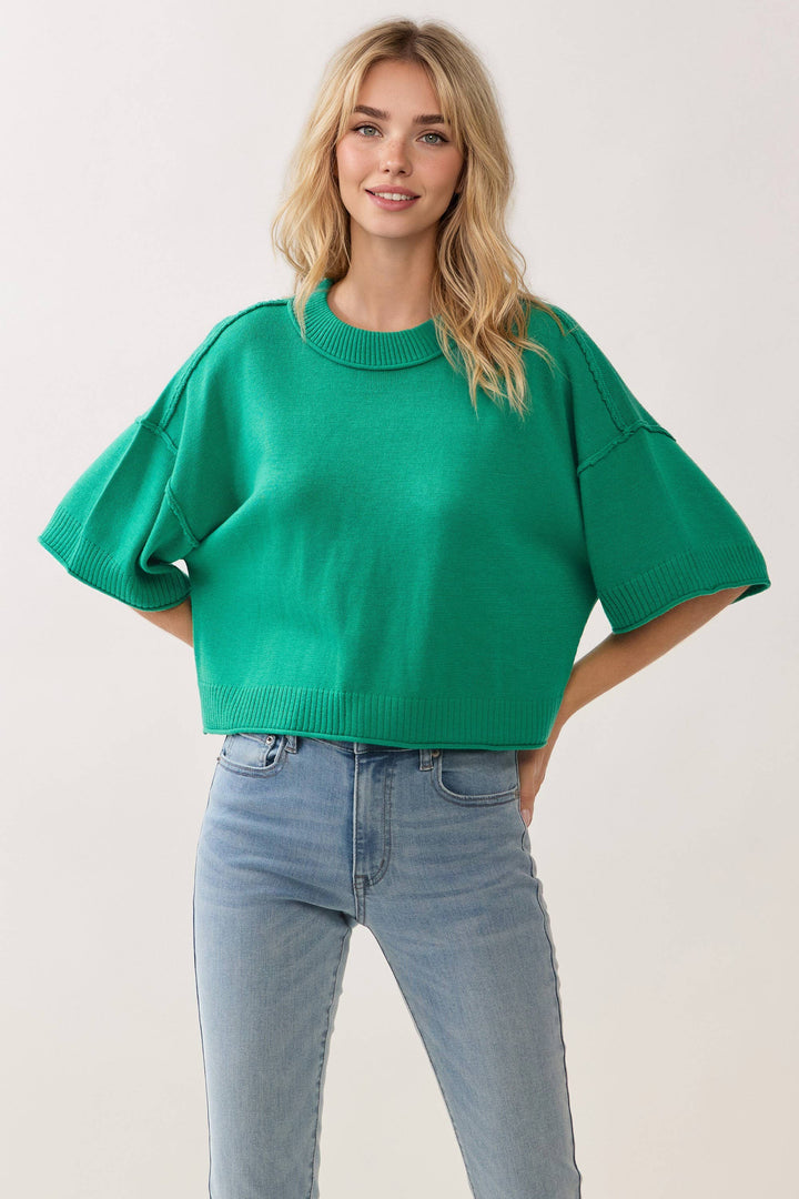 CW2649-Relaxed Fit Round Neck Short Sleeve Knit Top: CREAM / M