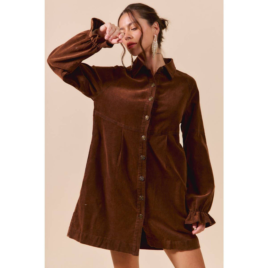 WASHED CORDUROY BUTTON DOWN SHIRT MINI DRESS: BROWN / XL