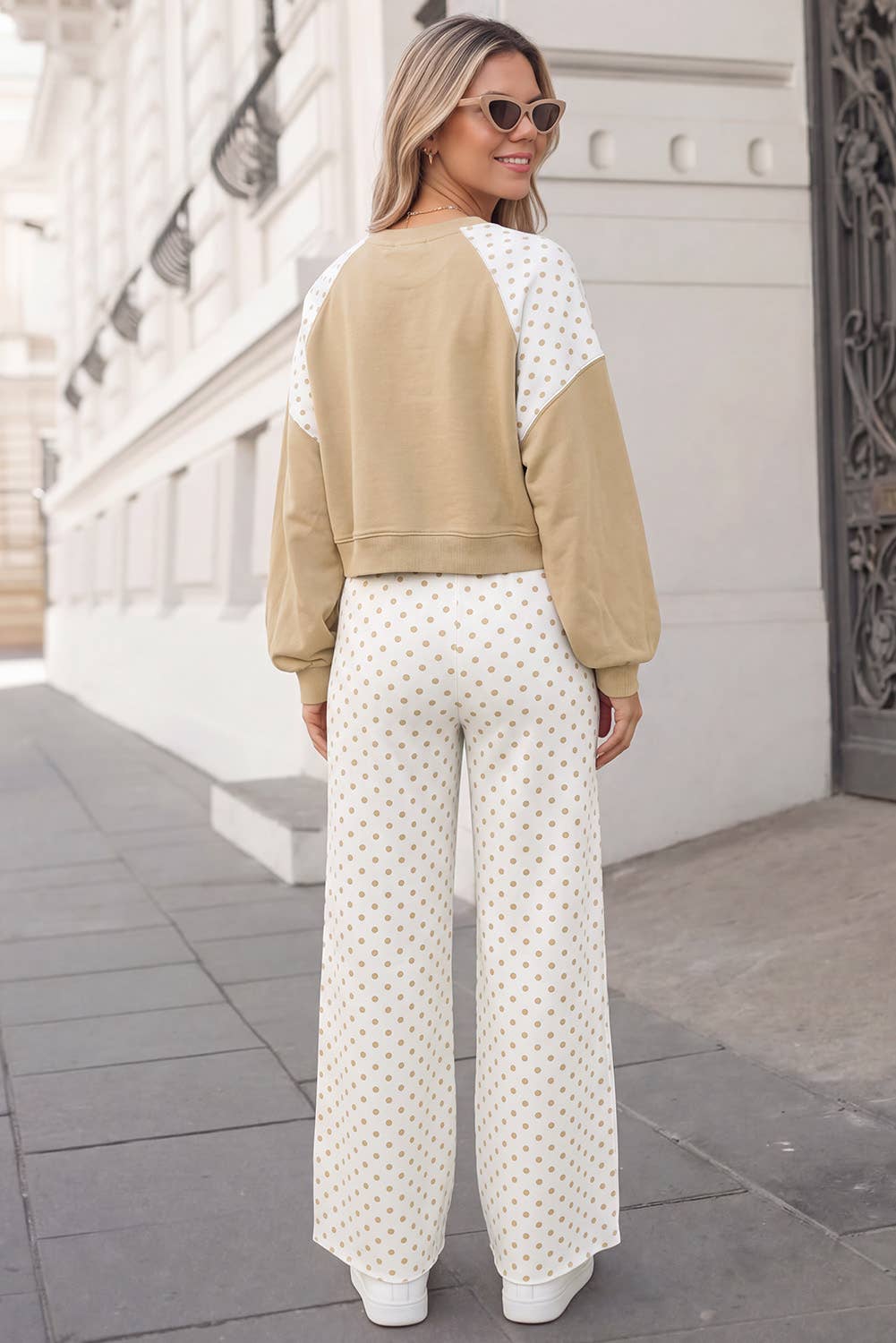 Polka Dot Print Patchwork Top 2pcs Pants Set  | S-4X: Khaki / 2X