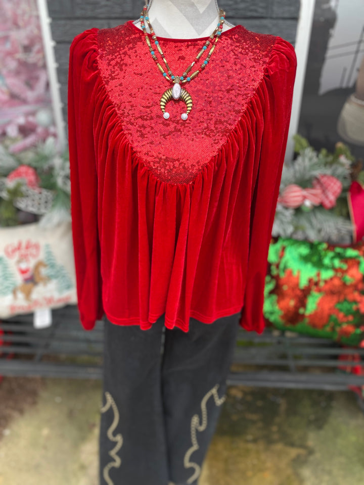 RED VELVET/SEQUINS HOLIDAY SHIRT ST3327F-03