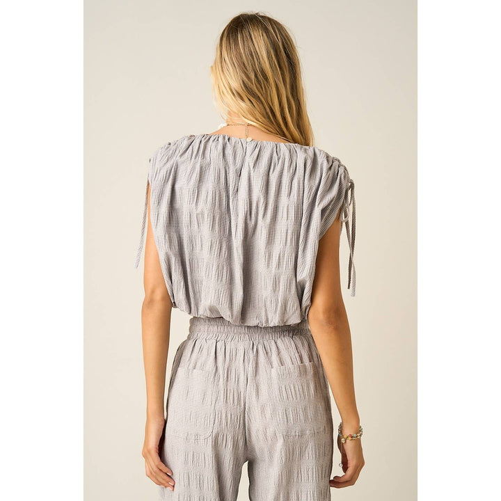 TEXTURED DRAWSTRING SHOULDER CROP TOP: LT.GREY / S-M-L(2-2-2)