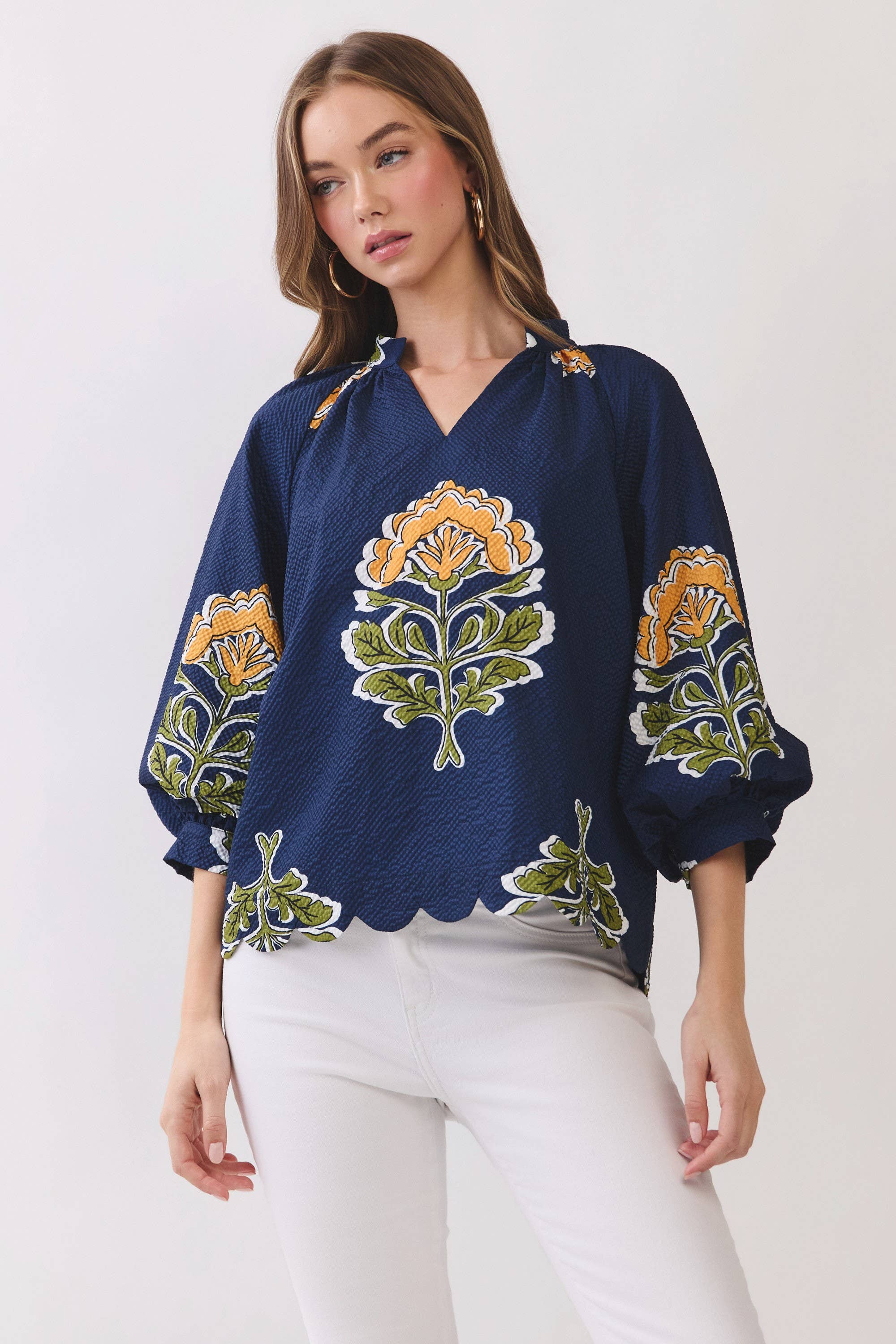 CT10123-Floral Print Scalloped Hem Textured Blouse: NAVY / S