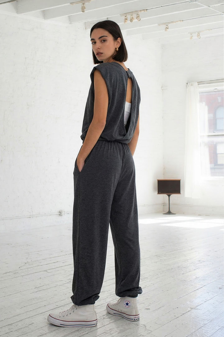 R5352 Waist Drawstring Open Back Jogger Jumpsuit: CHARCOAL / S-M-L