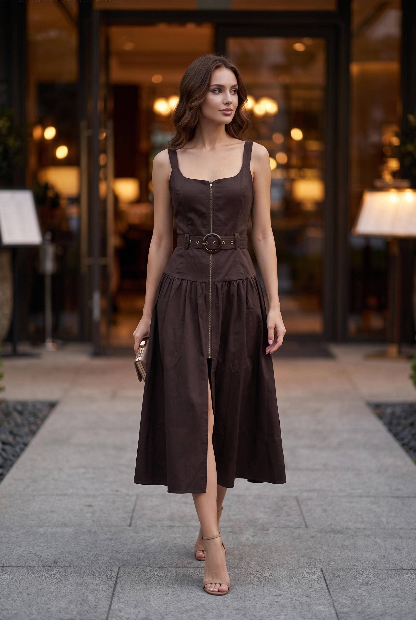 Belted Zip Front Midi Dress: RED MAHOGANY / S