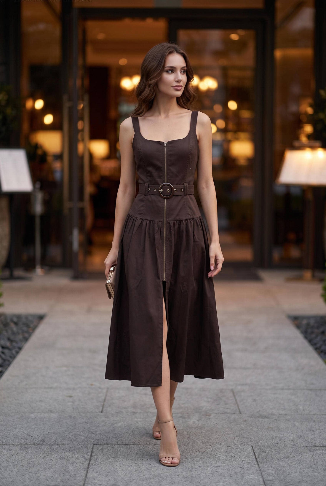 Belted Zip Front Midi Dress: RED MAHOGANY / M