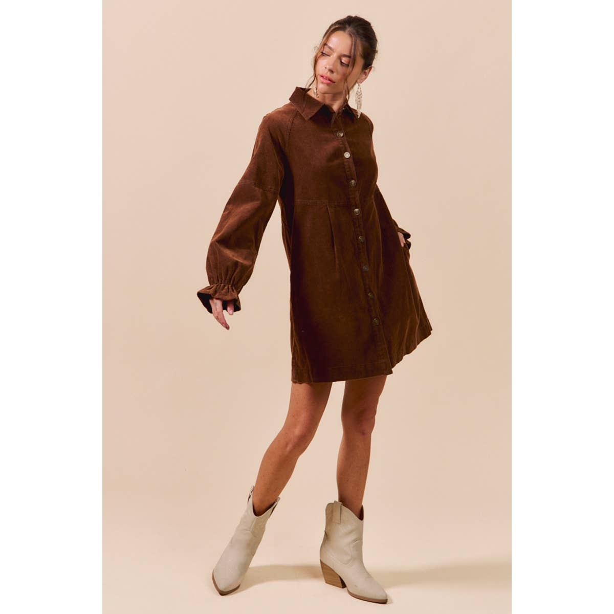 WASHED CORDUROY BUTTON DOWN SHIRT MINI DRESS: BROWN / XL