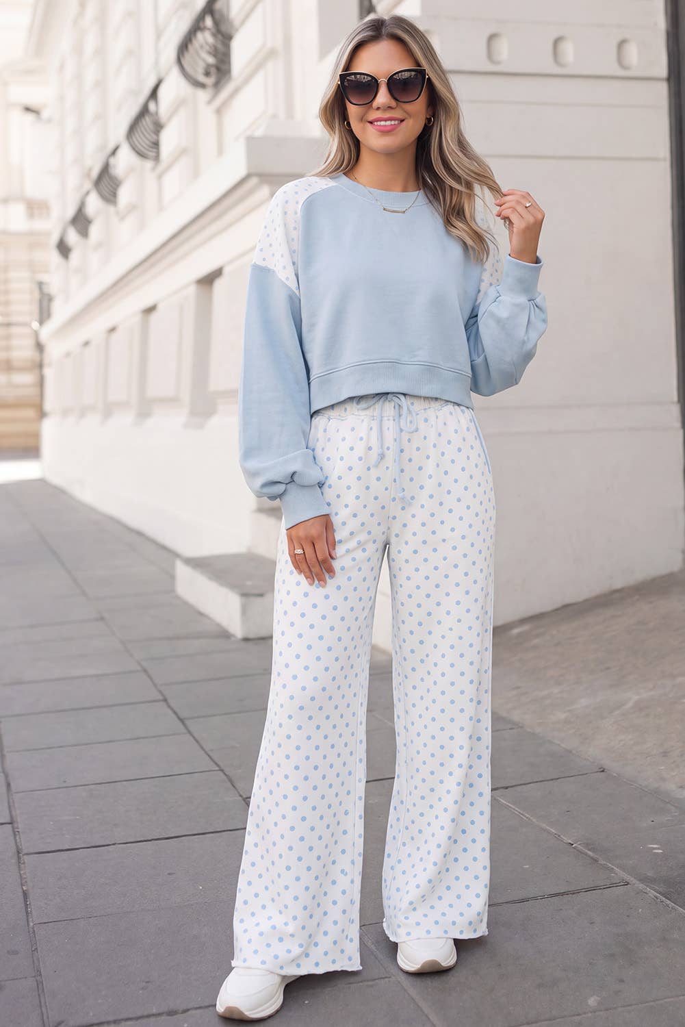 Polka Dot Print Patchwork Top 2pcs Pants Set  | S-4X: Khaki / 4X