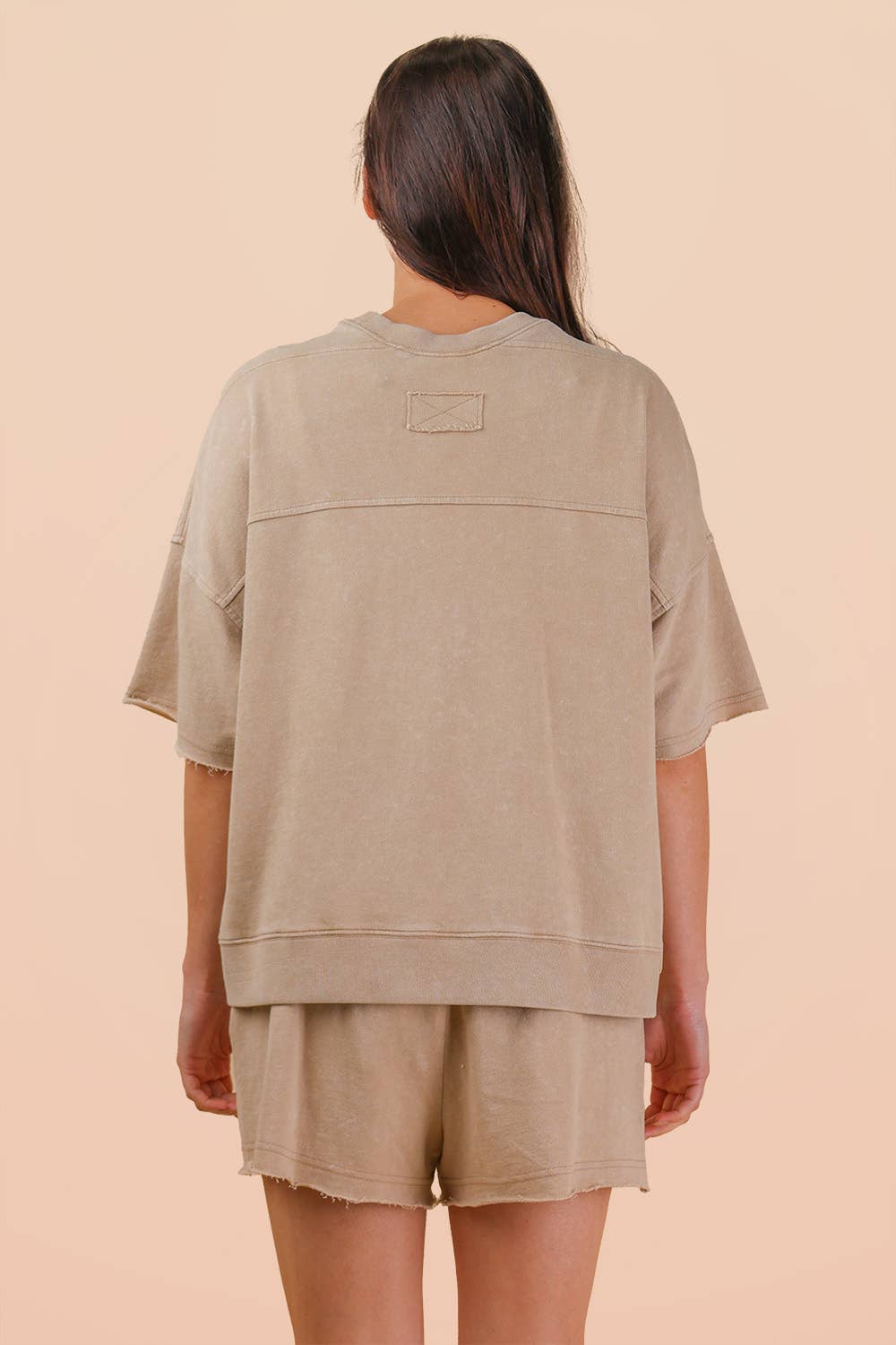 NT12429SET-Mineral Washed Knit Casual Top & Shorts: BEIGE / S-M-L/2-2-2