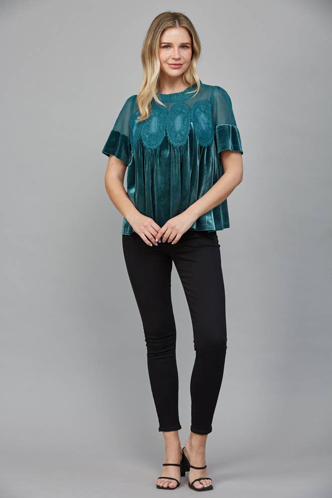 LACE DETAIL VELVET BABYDOLL TOP FT25474 : TEAL GREEN / M