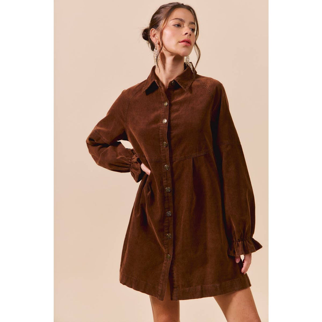 WASHED CORDUROY BUTTON DOWN SHIRT MINI DRESS: BROWN / XL