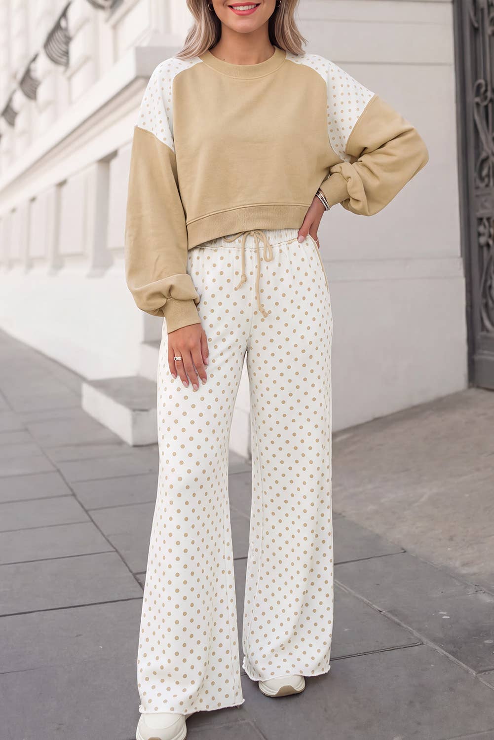 Polka Dot Print Patchwork Top 2pcs Pants Set  | S-4X: Khaki / 1X