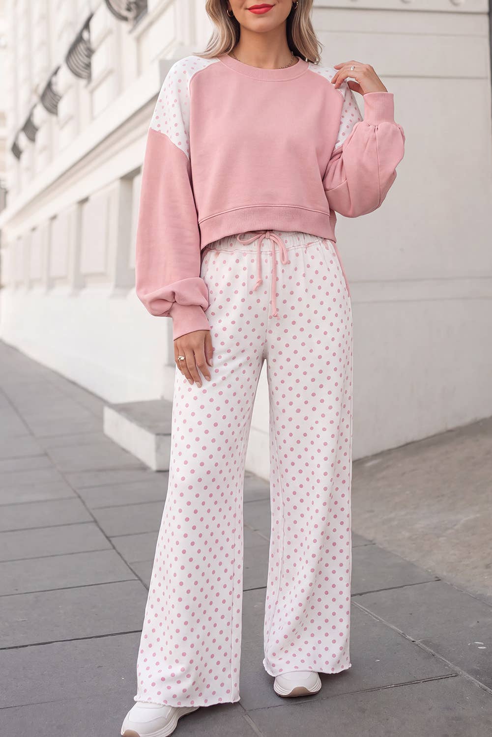 Polka Dot Print Patchwork Top 2pcs Pants Set  | S-4X: Khaki / 4X