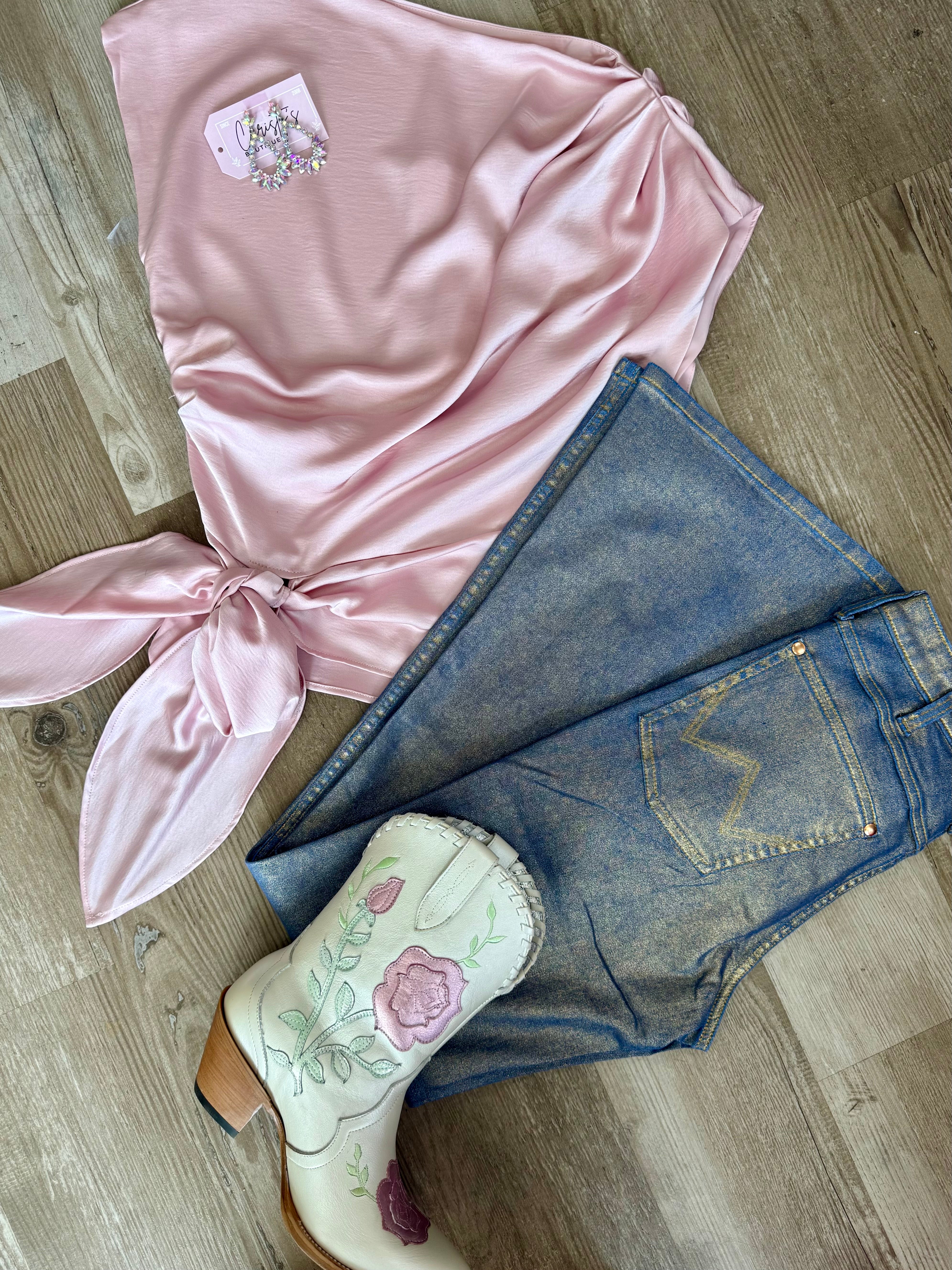 LIGHT PINK BOAT NECK WAIST TIE BLOUSE