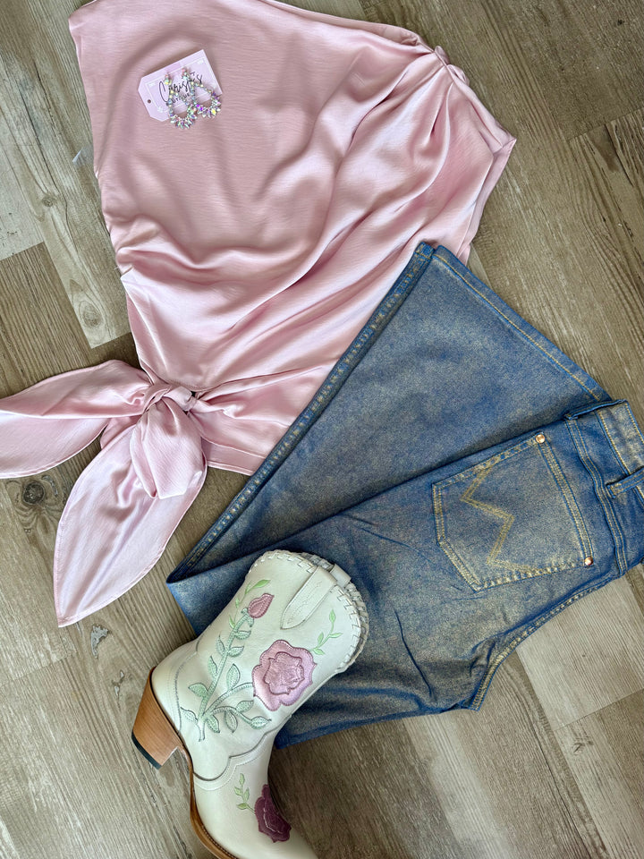 LIGHT PINK BOAT NECK WAIST TIE BLOUSE