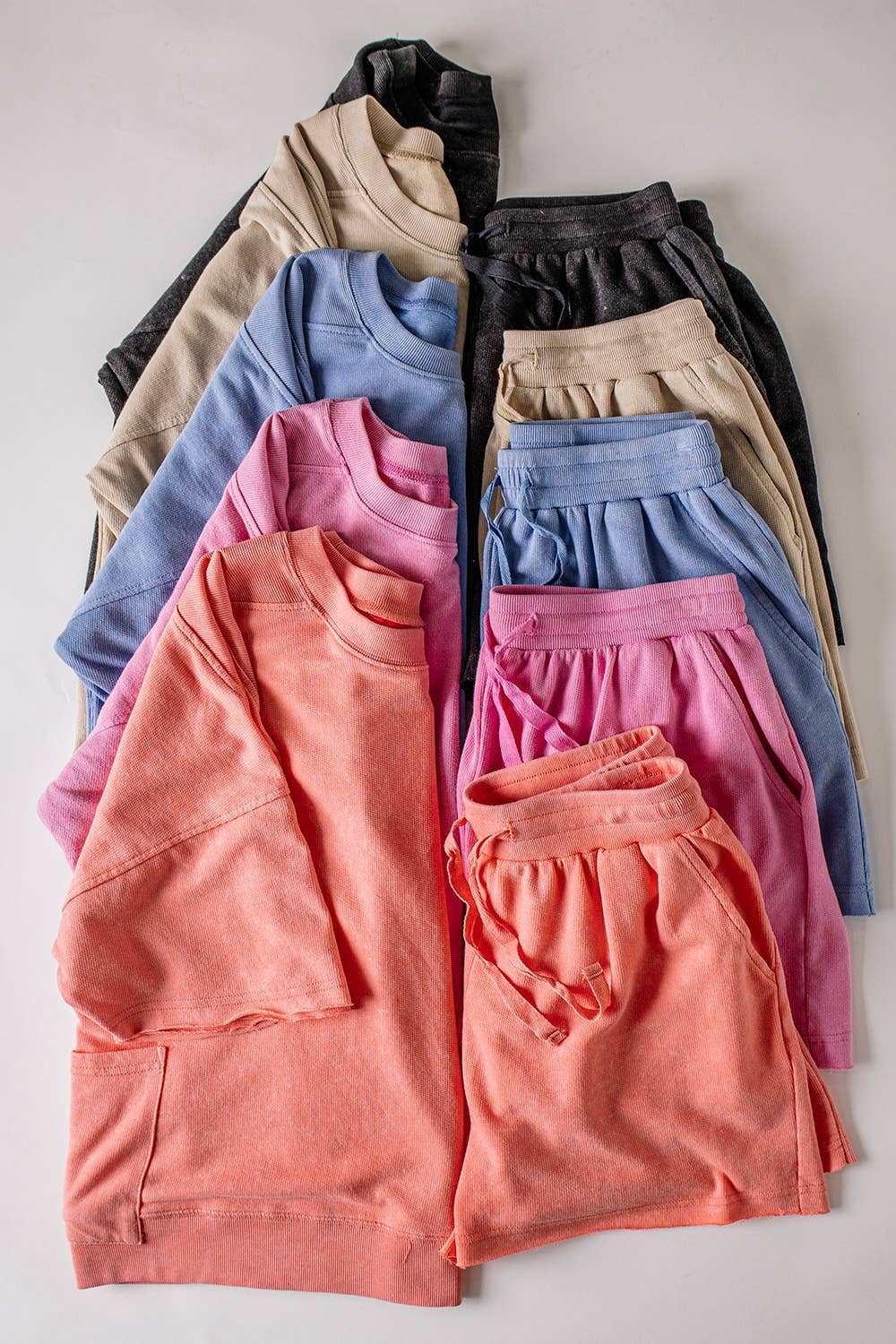 NT12429SET-Mineral Washed Knit Casual Top & Shorts: BEIGE / S-M-L/2-2-2