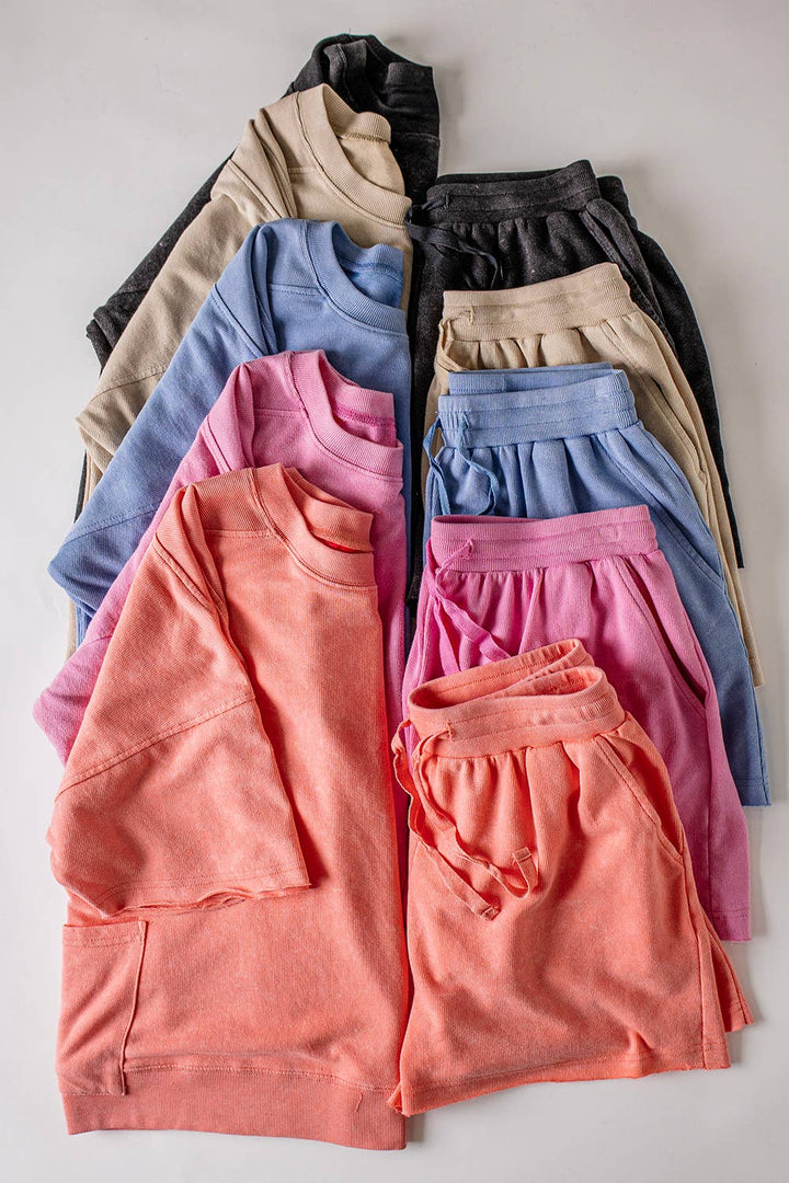 NT12429SET-Mineral Washed Knit Casual Top & Shorts: BEIGE / S-M-L/2-2-2