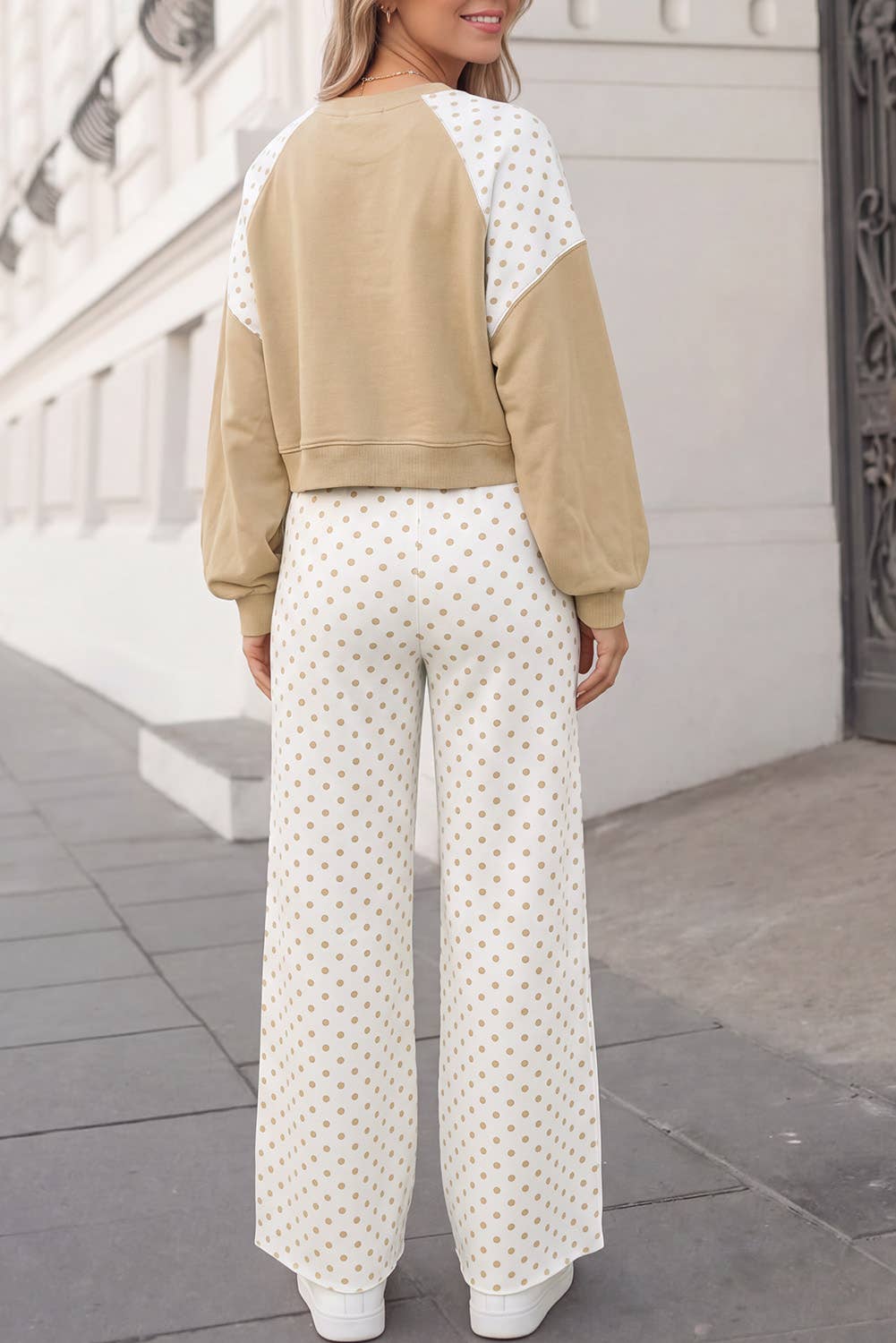 Polka Dot Print Patchwork Top 2pcs Pants Set  | S-4X: Khaki / L
