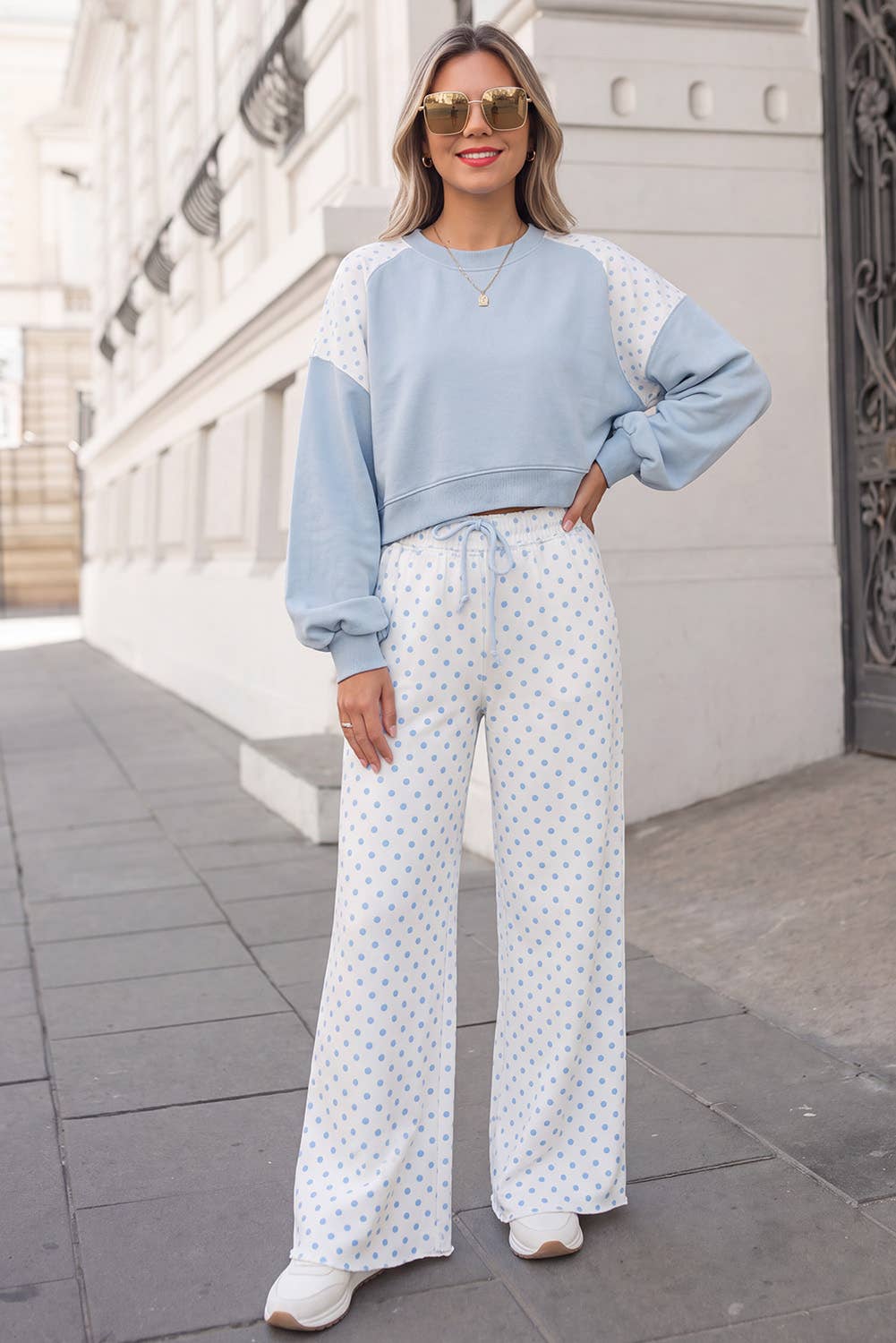 Polka Dot Print Patchwork Top 2pcs Pants Set  | S-4X: Khaki / 3X