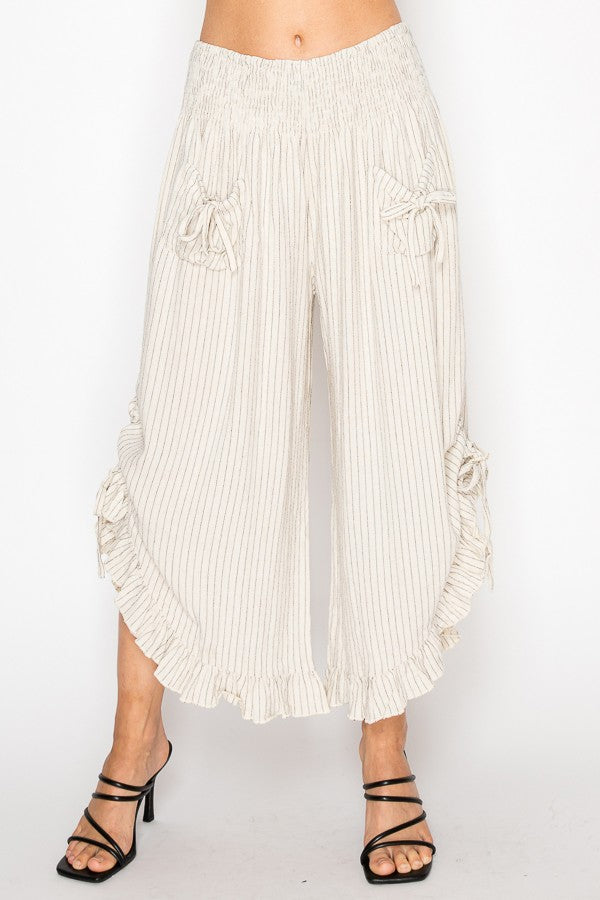 BEIGE PINSTRIPE ELASTIC WAIST BLOOMER PANTS