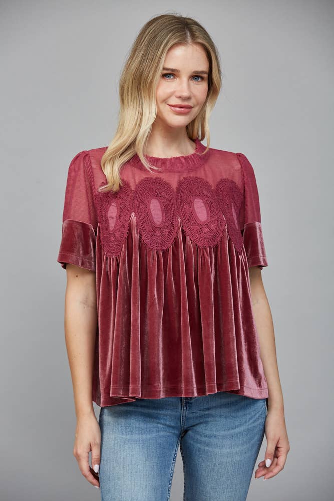 LACE DETAIL VELVET BABYDOLL TOP FT25474 : TEAL GREEN / M