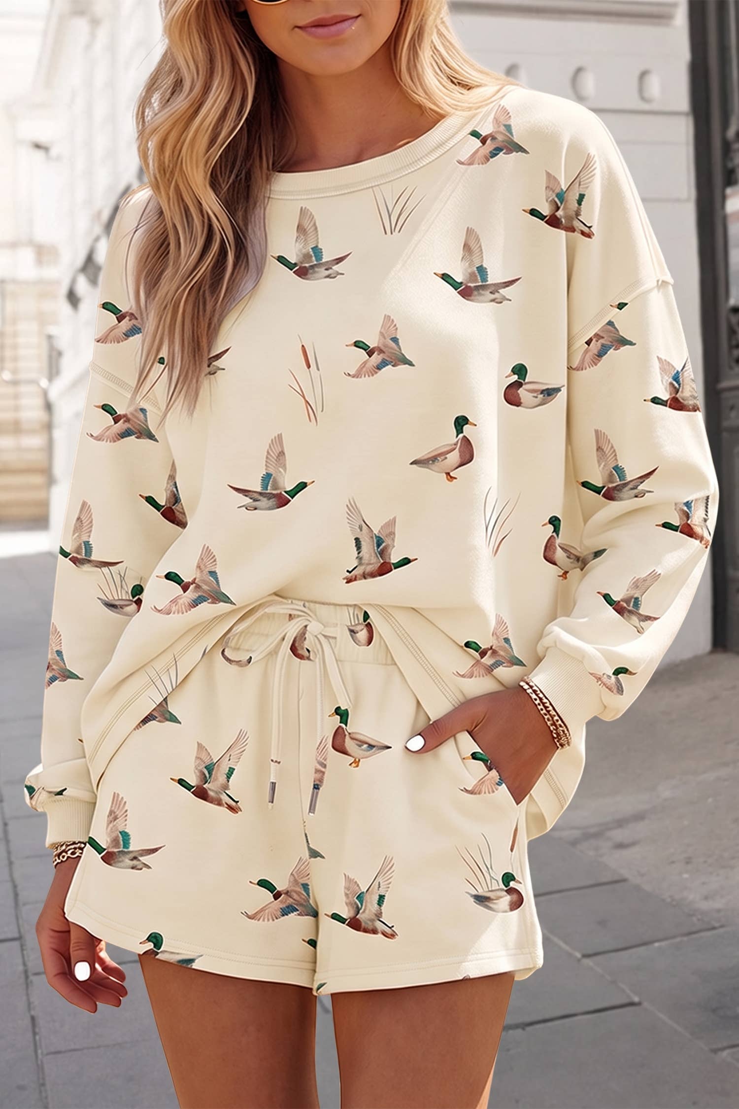 Mallard Long Sleeve Top Drawstring 2pcs Shorts Set | S-XL: Beige / S