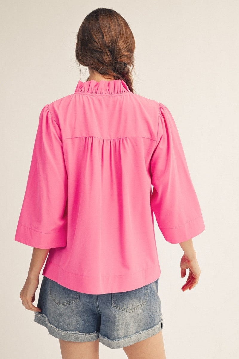 V NECK TOP WITH RUFFLE SLEEVES